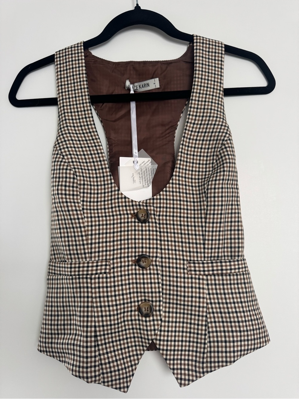 Grace Karin Brown & Cream Houndstooth Button Vest
